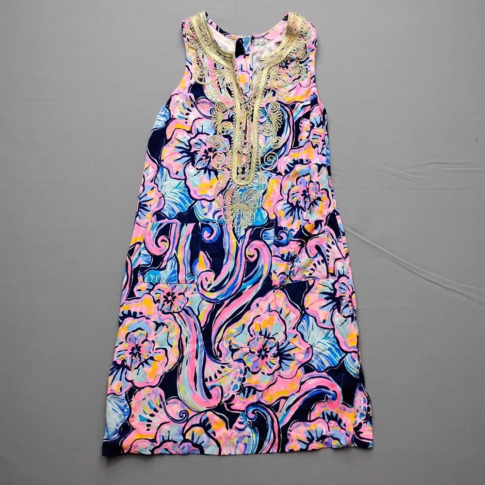 Lilly Pulitzer Carlotta Stretch Shift Dress Nauti Navy Boho Bateau Floral 0